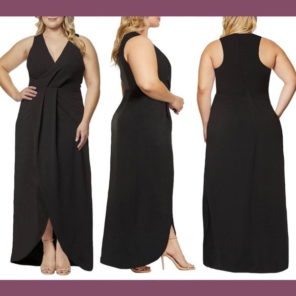 NWT Dress‎ the Population Ariel Racerback Faux Wrap Gown Black [PLUS SZ 3X ] - Picture 1 of 12